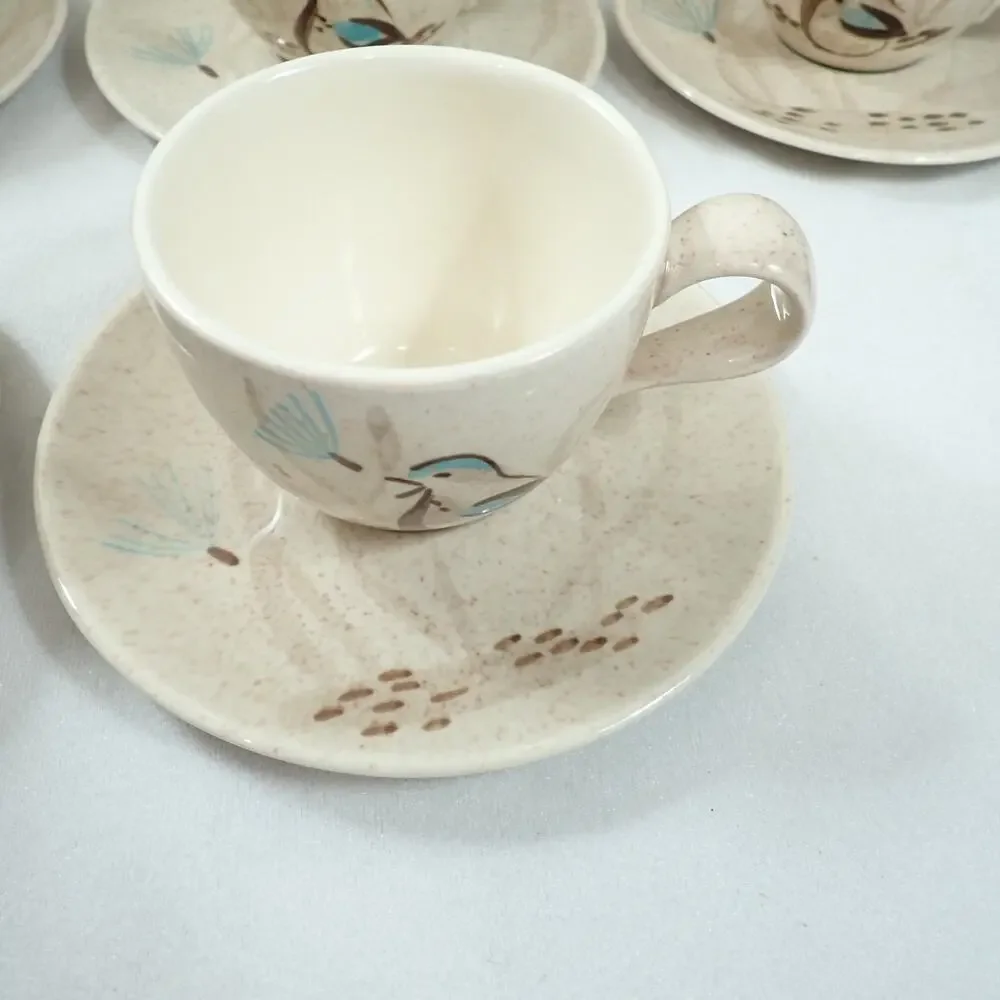 Red Wing Bob White Quail 10 Cup Saucer Sets MCM Hand Painted Pottery Vintage